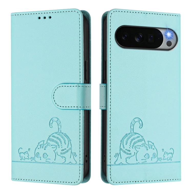 For Google Pixel 11 Pro XL Cat Rat Embossed Pattern RFID Leather Phone Case with Lanyard