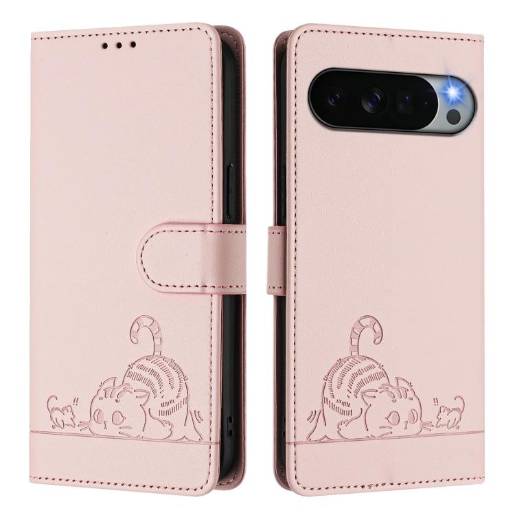 For Google Pixel 11 Pro XL Cat Rat Embossed Pattern RFID Leather Phone Case with Lanyard
