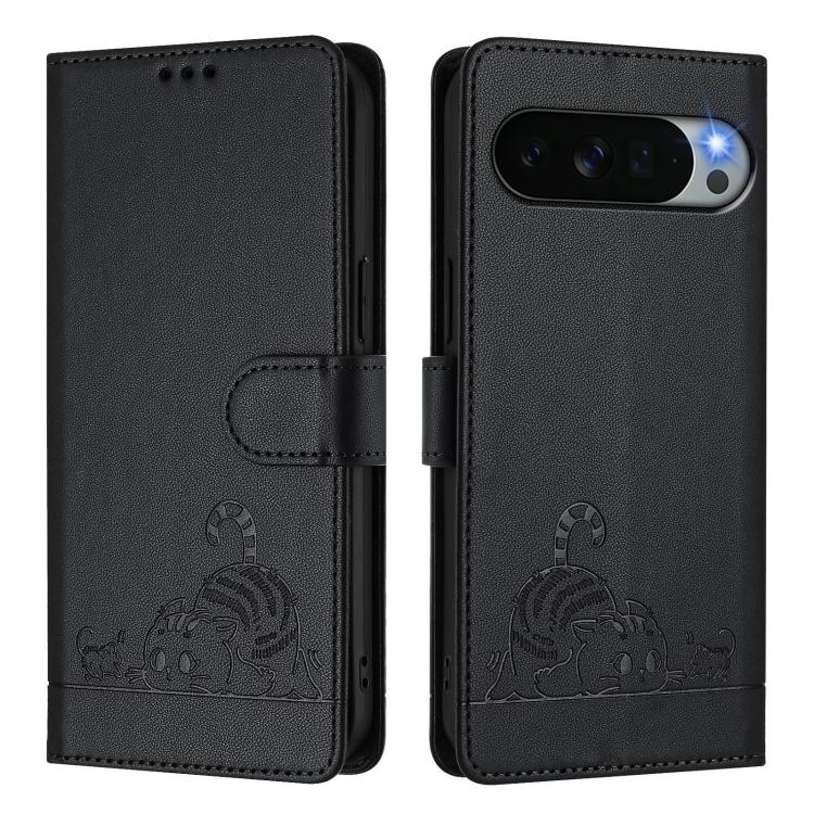 For Google Pixel 11 Pro XL Cat Rat Embossed Pattern RFID Leather Phone Case with Lanyard