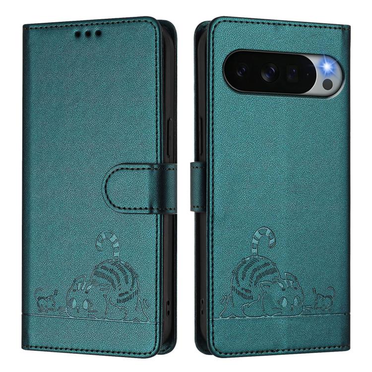 For Google Pixel 11 Pro XL Cat Rat Embossed Pattern RFID Leather Phone Case with Lanyard