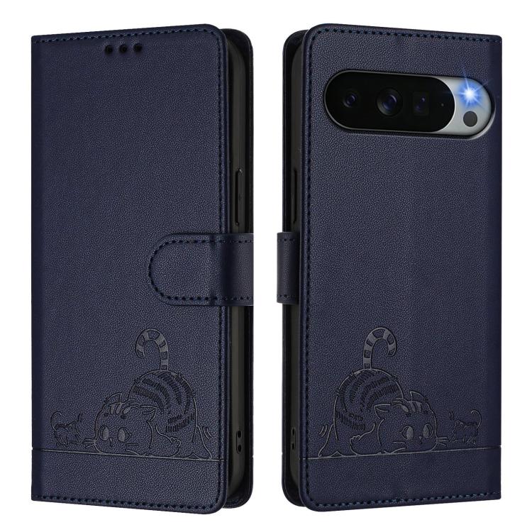 For Google Pixel 11 Pro XL Cat Rat Embossed Pattern RFID Leather Phone Case with Lanyard