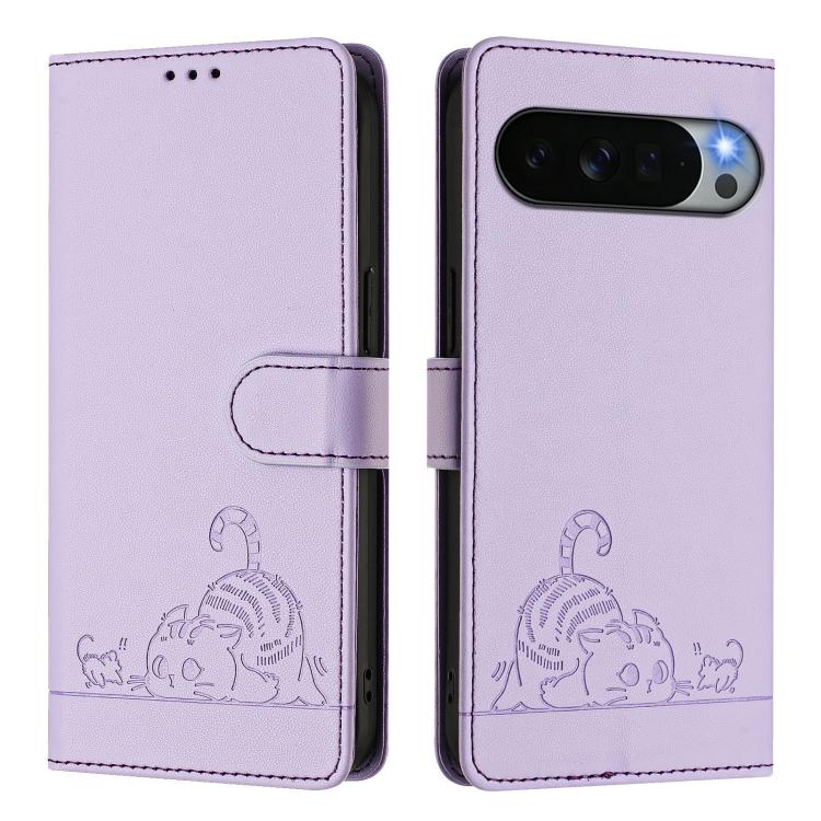 For Google Pixel 11 Pro XL Cat Rat Embossed Pattern RFID Leather Phone Case with Lanyard