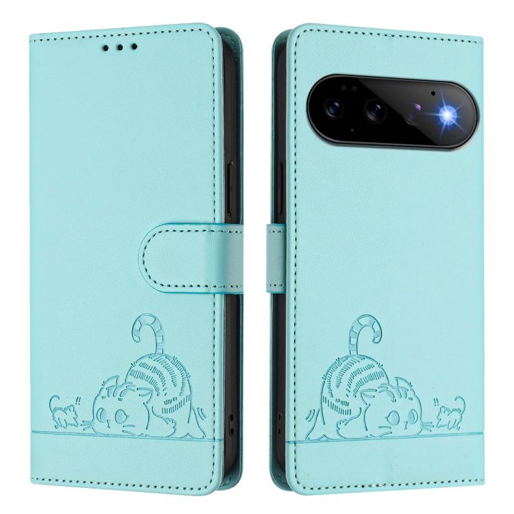 For Google Pixel 11 Pro / 11 Cat Rat Embossed Pattern RFID Leather Phone Case with Lanyard