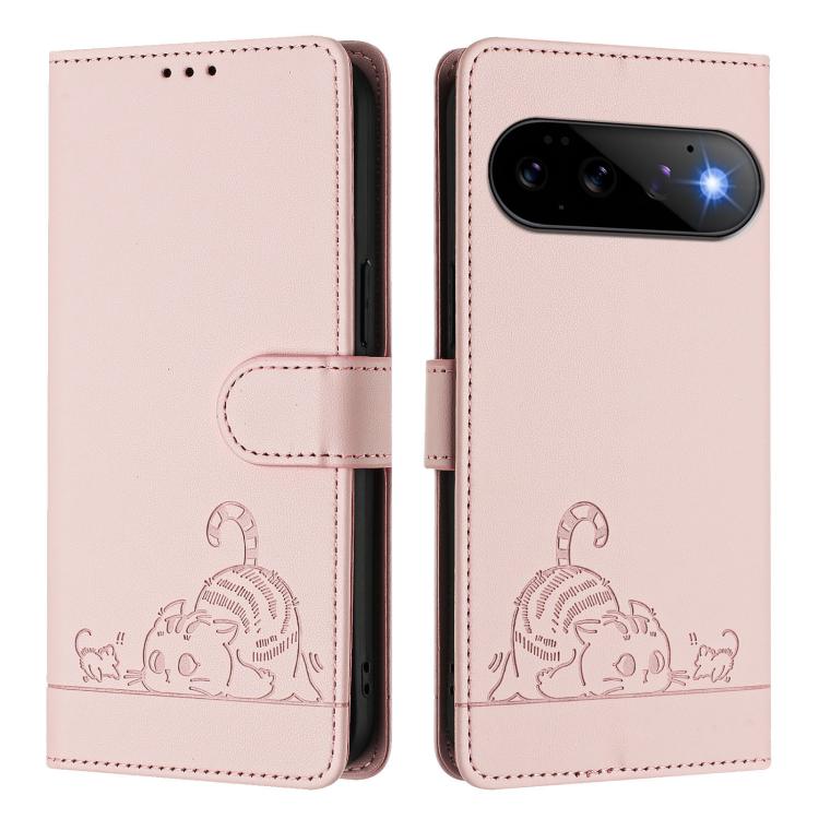 For Google Pixel 11 Pro / 11 Cat Rat Embossed Pattern RFID Leather Phone Case with Lanyard