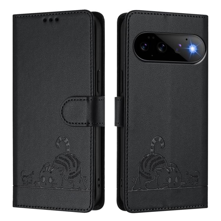 For Google Pixel 11 Pro / 11 Cat Rat Embossed Pattern RFID Leather Phone Case with Lanyard