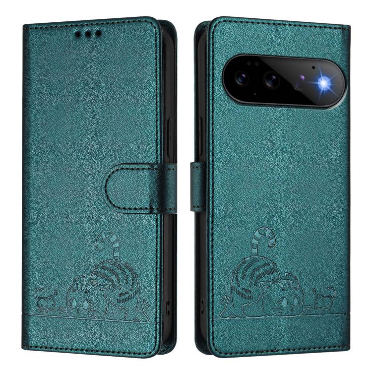 For Google Pixel 11 Pro / 11 Cat Rat Embossed Pattern RFID Leather Phone Case with Lanyard