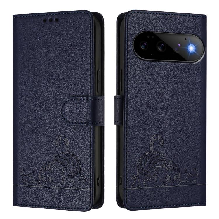 For Google Pixel 11 Pro / 11 Cat Rat Embossed Pattern RFID Leather Phone Case with Lanyard