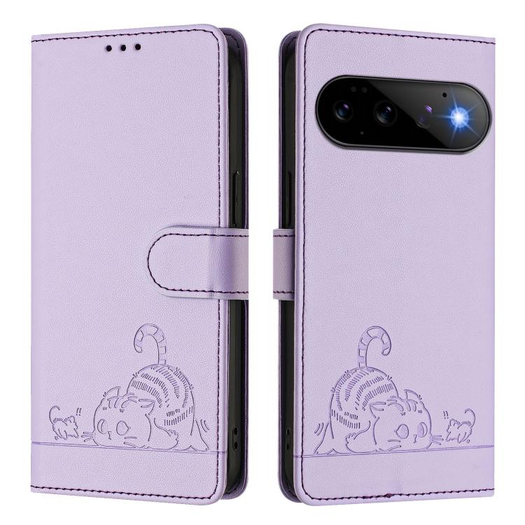 For Google Pixel 11 Pro / 11 Cat Rat Embossed Pattern RFID Leather Phone Case with Lanyard