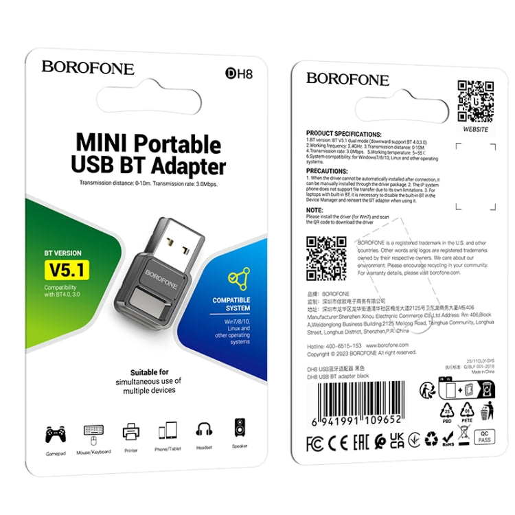 BOROFONE DH8 Bluetooth 5.1 USB Bluetooth Adapter - Black