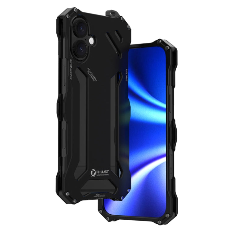 For iPhone 16 Plus R-JUST RJ-17 Shockproof Armor Hollow Metal Phone Case - Black
