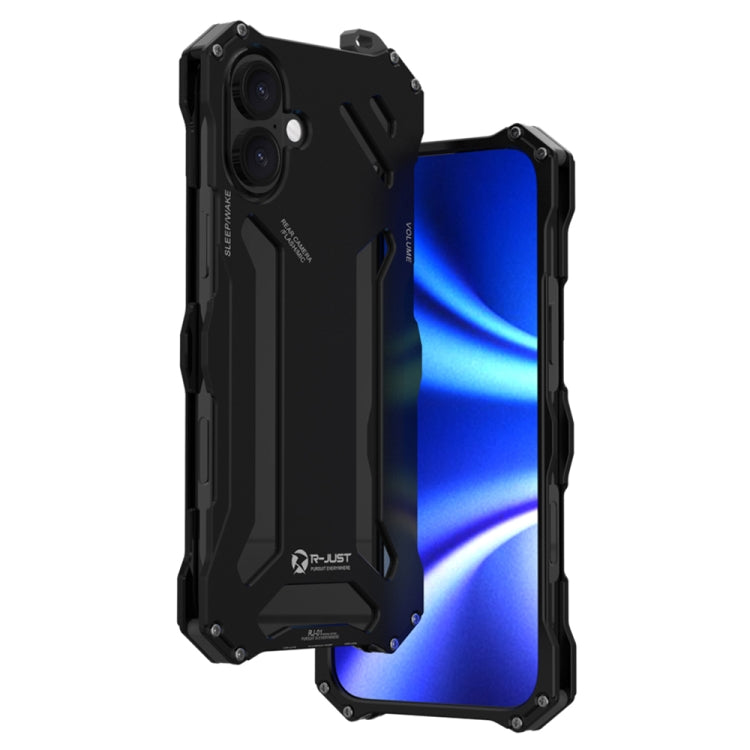 For iPhone 16 R-JUST RJ-17 Shockproof Armor Hollow Metal Phone Case - Black
