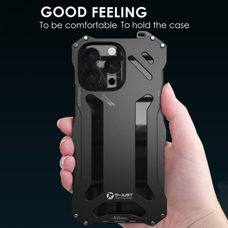 For iPhone 16 R-JUST RJ-17 Shockproof Armor Hollow Metal Phone Case - Black