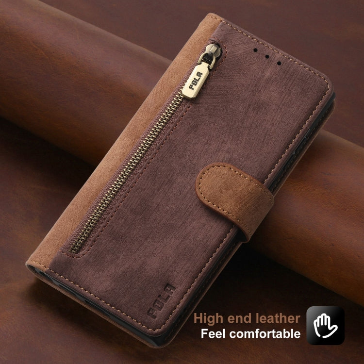 For iPhone 14 POLA Dual-color Zipper Wallet RFID Leather Phone Case
