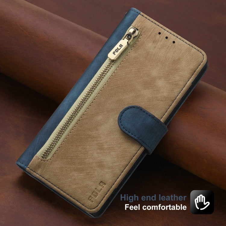 For iPhone 11 Pro Max POLA Dual-color Zipper Wallet RFID Leather Phone Case