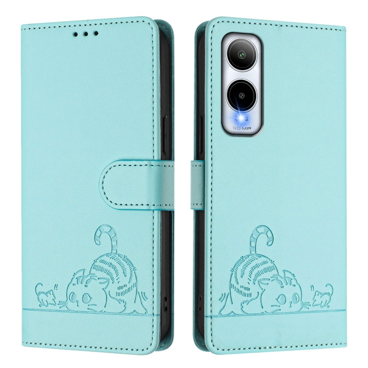 For Cricket Icon 6 Cat Rat Embossed Pattern RFID Leather Phone Case with Lanyard