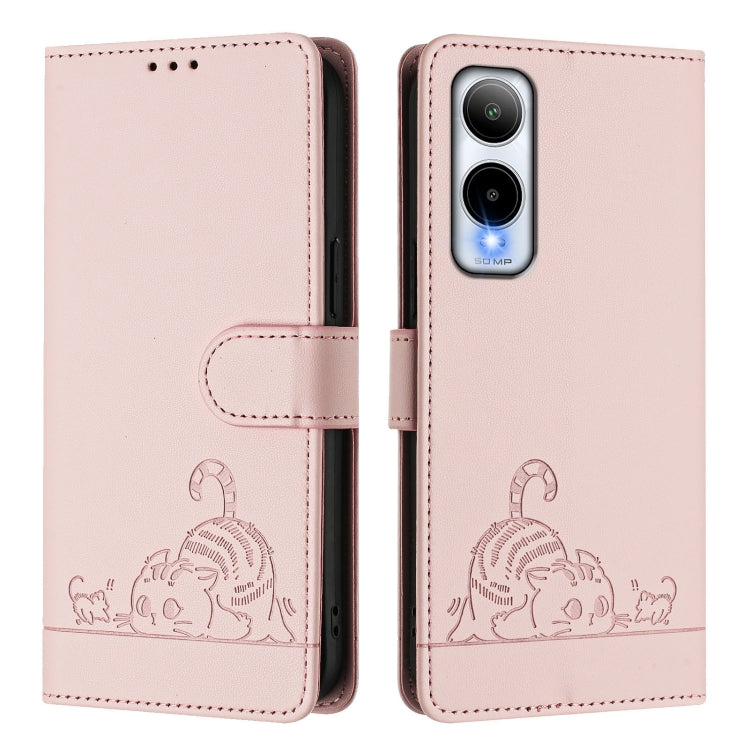 For Cricket Icon 6 Cat Rat Embossed Pattern RFID Leather Phone Case with Lanyard