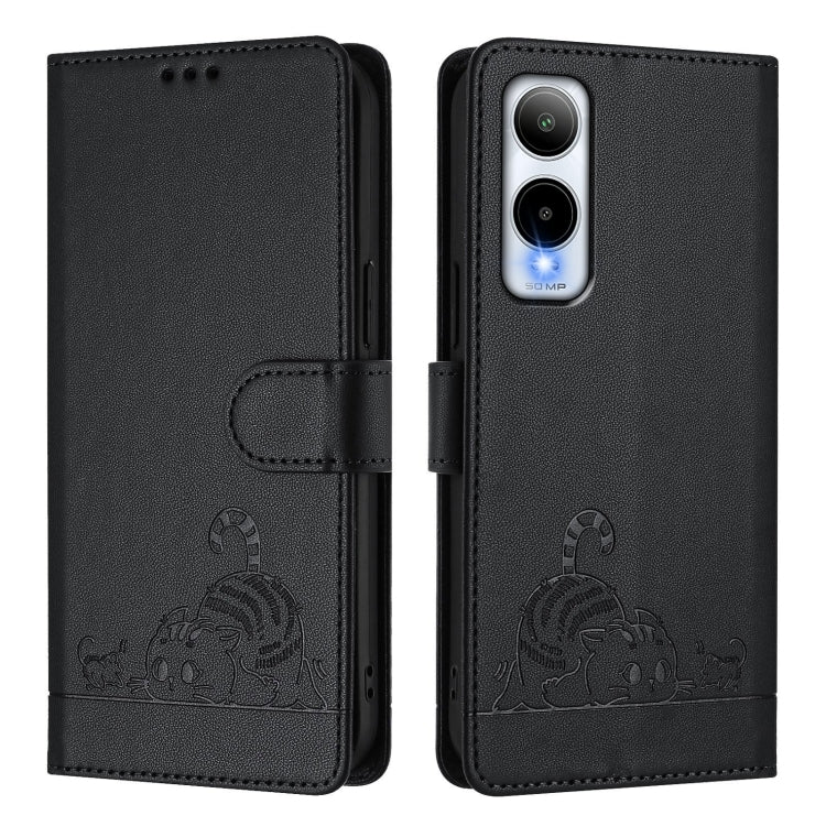 For Cricket Icon 6 Cat Rat Embossed Pattern RFID Leather Phone Case with Lanyard
