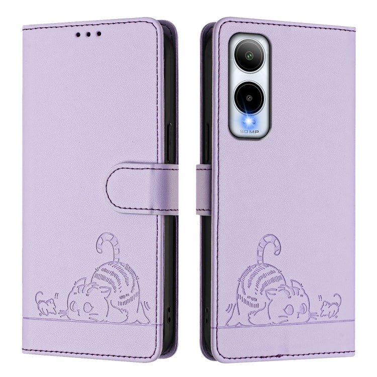 For Cricket Icon 6 Cat Rat Embossed Pattern RFID Leather Phone Case with Lanyard