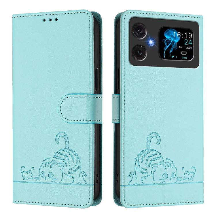For Cubot A20 Cat Rat Embossed Pattern RFID Leather Phone Case with Lanyard