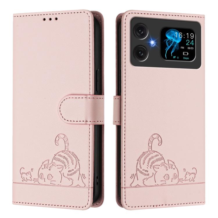 For Cubot A20 Cat Rat Embossed Pattern RFID Leather Phone Case with Lanyard