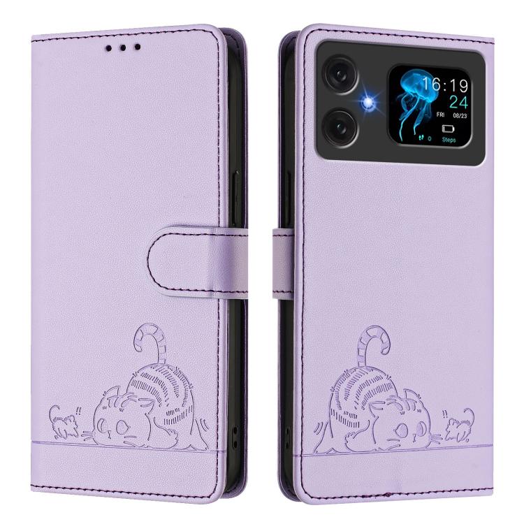 For Cubot A20 Cat Rat Embossed Pattern RFID Leather Phone Case with Lanyard