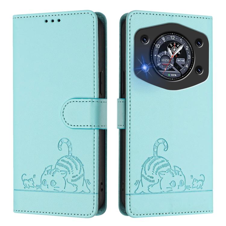 For Cubot A30 Cat Rat Embossed Pattern RFID Leather Phone Case with Lanyard