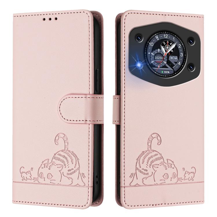 For Cubot A30 Cat Rat Embossed Pattern RFID Leather Phone Case with Lanyard