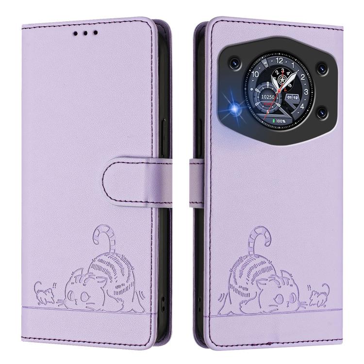 For Cubot A30 Cat Rat Embossed Pattern RFID Leather Phone Case with Lanyard
