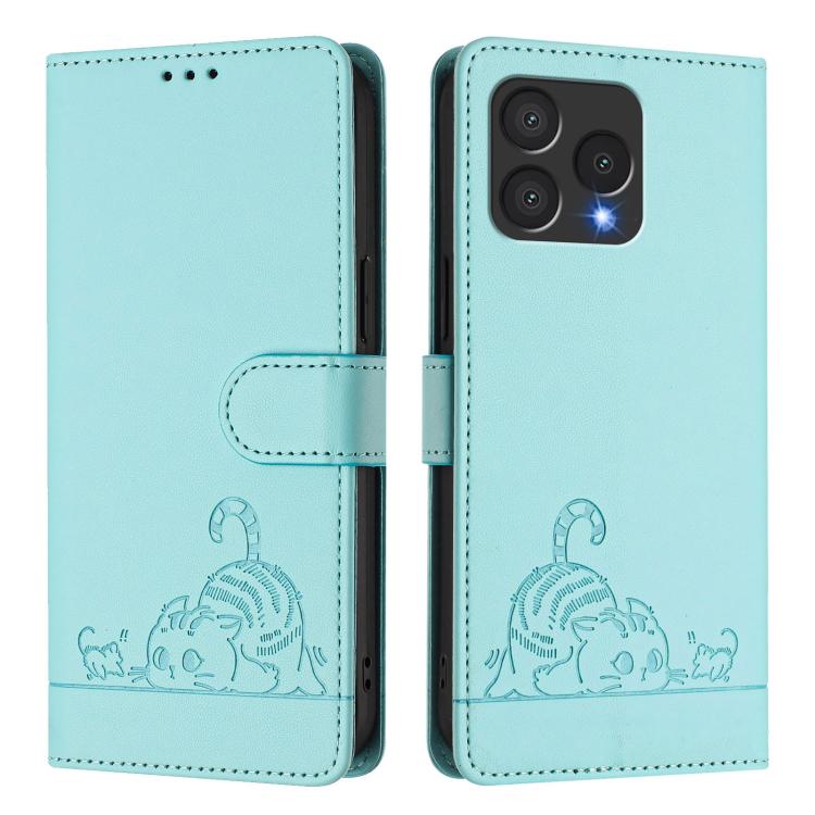 For Cubot A40 Cat Rat Embossed Pattern RFID Leather Phone Case with Lanyard