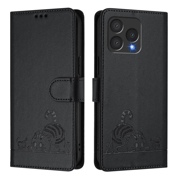For Cubot A40 Cat Rat Embossed Pattern RFID Leather Phone Case with Lanyard