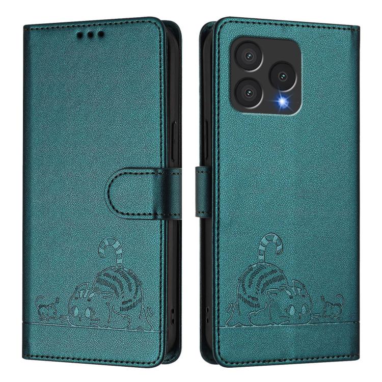 For Cubot A40 Cat Rat Embossed Pattern RFID Leather Phone Case with Lanyard