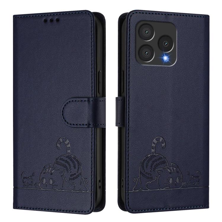 For Cubot A40 Cat Rat Embossed Pattern RFID Leather Phone Case with Lanyard