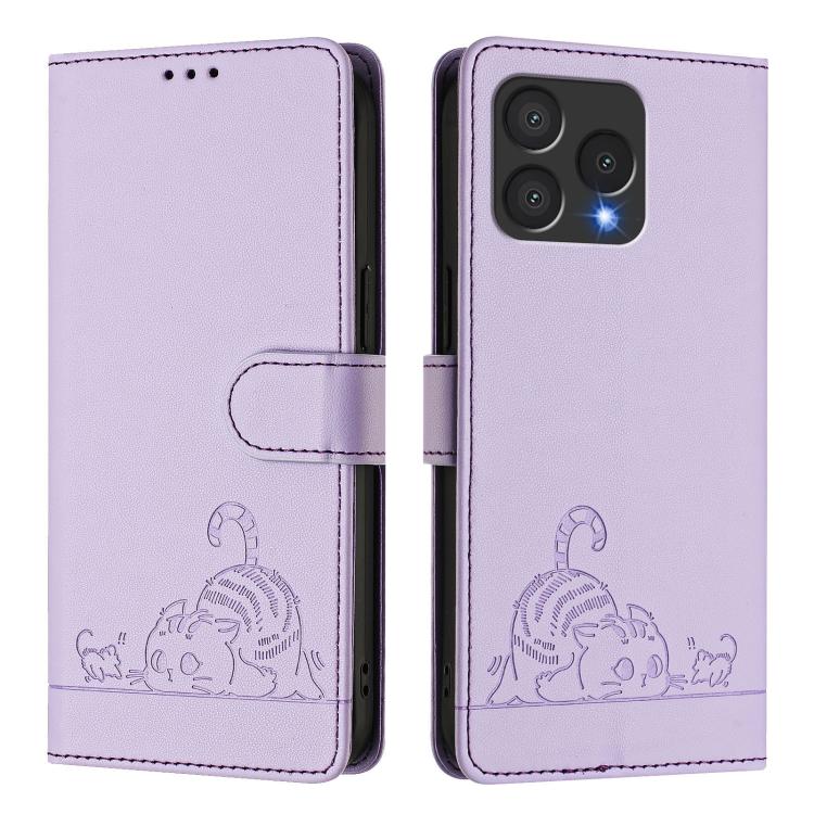 For Cubot A40 Cat Rat Embossed Pattern RFID Leather Phone Case with Lanyard