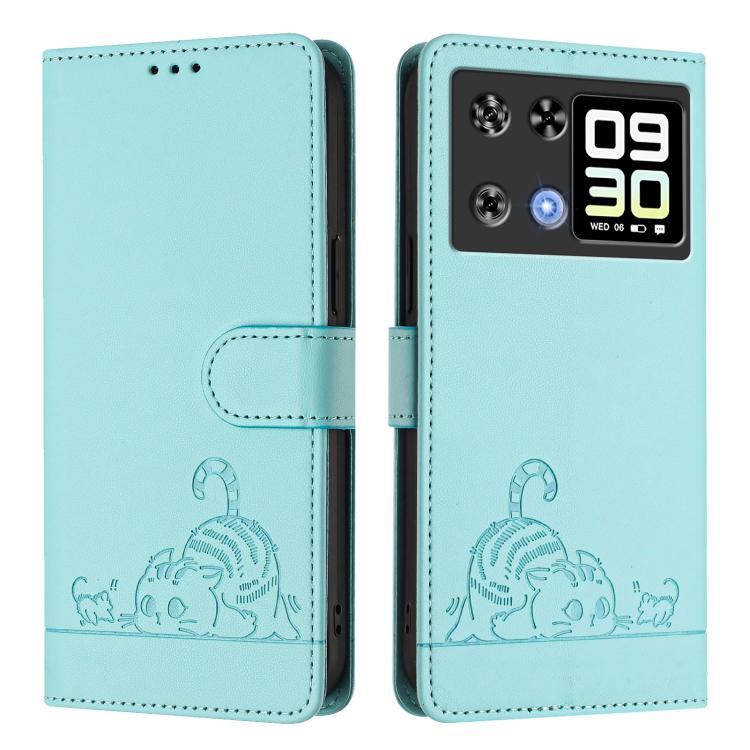 For Cubot P90 Cat Rat Embossed Pattern RFID Leather Phone Case with Lanyard