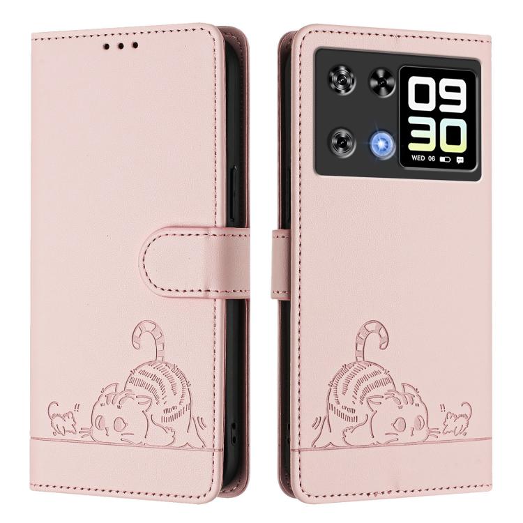 For Cubot P90 Cat Rat Embossed Pattern RFID Leather Phone Case with Lanyard
