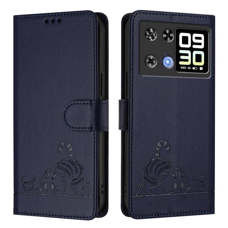 For Cubot P90 Cat Rat Embossed Pattern RFID Leather Phone Case with Lanyard