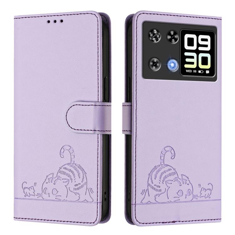 For Cubot P90 Cat Rat Embossed Pattern RFID Leather Phone Case with Lanyard