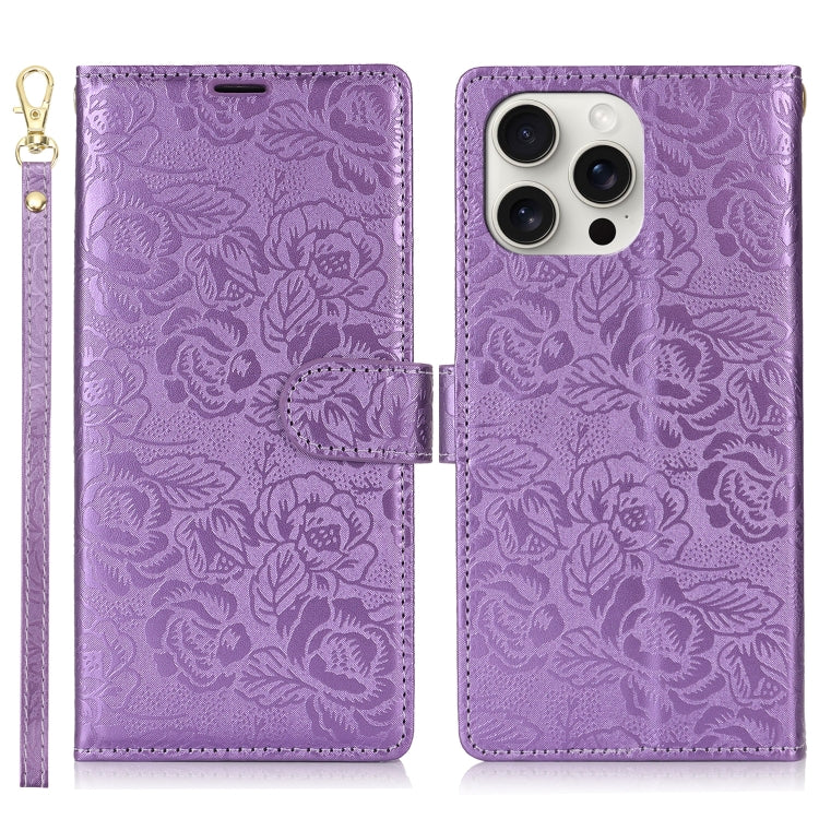For iPhone 16 Pro Max Peony Flowers Imprint Leather Phone Case