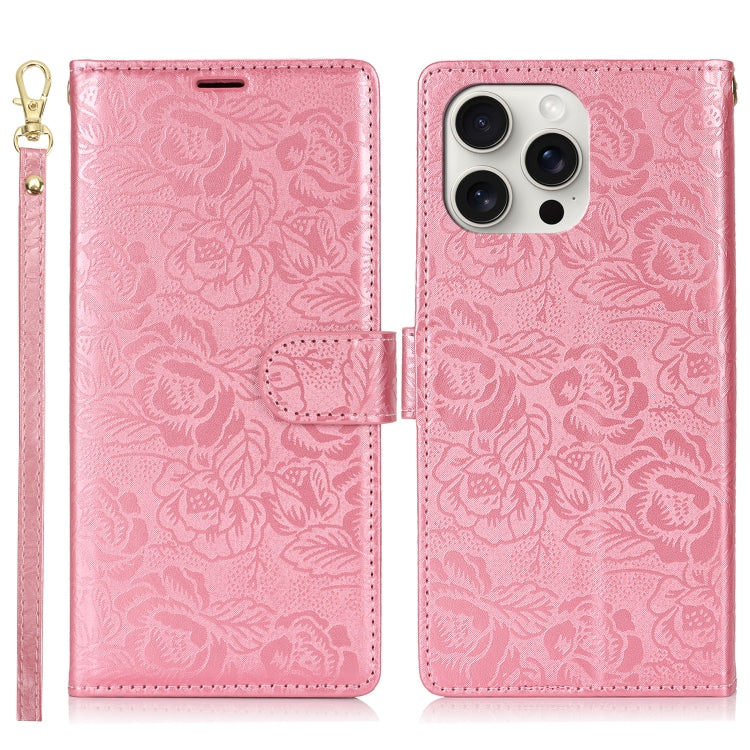 For iPhone 16 Pro Max Peony Flowers Imprint Leather Phone Case