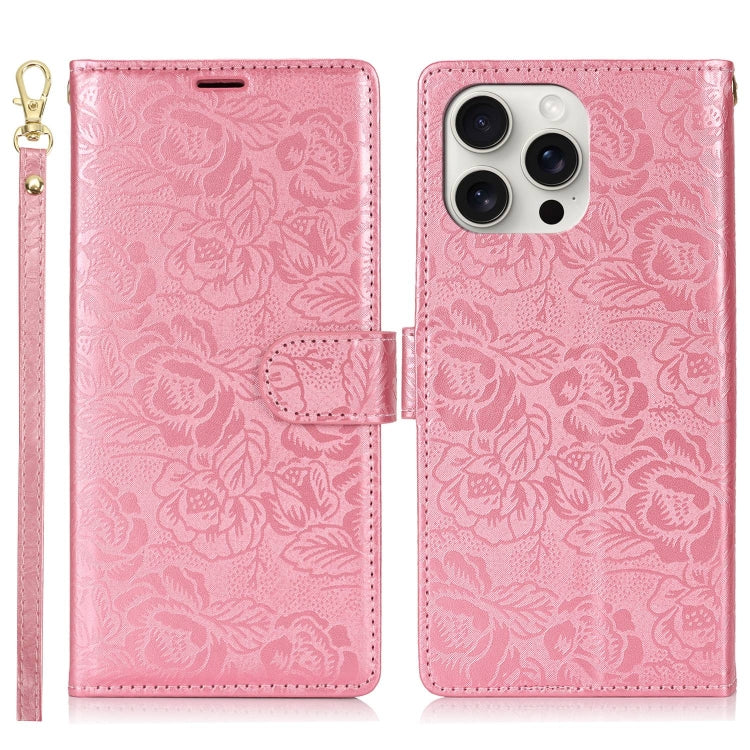 For iPhone 16 Pro Peony Flowers Imprint Leather Phone Case