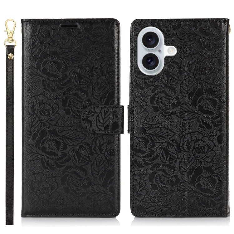 For iPhone 16 Plus Peony Flowers Imprint Leather Phone Case