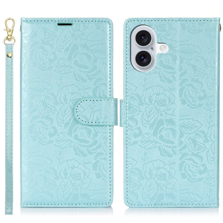 For iPhone 16 Plus Peony Flowers Imprint Leather Phone Case