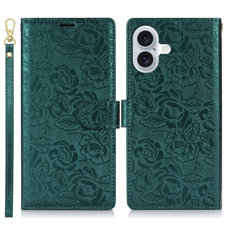 For iPhone 16 Peony Flowers Imprint Leather Phone Case