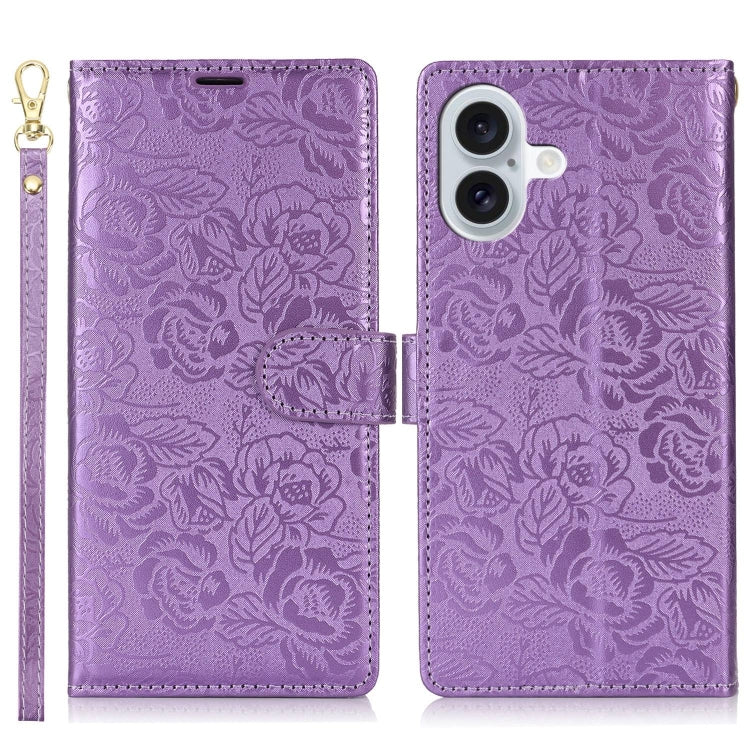 For iPhone 16 Peony Flowers Imprint Leather Phone Case