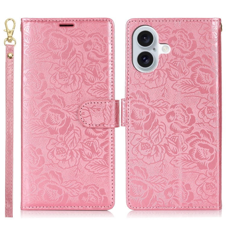For iPhone 16 Peony Flowers Imprint Leather Phone Case