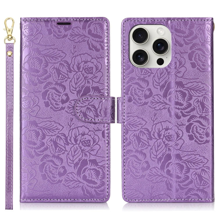 For iPhone 15 Pro Peony Flowers Imprint Leather Phone Case