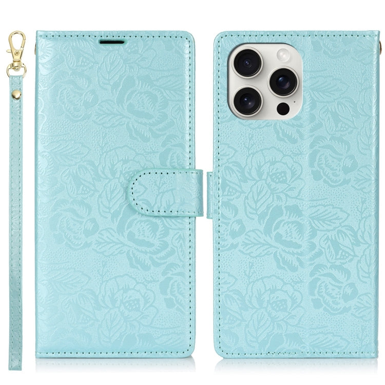 For iPhone 15 Pro Peony Flowers Imprint Leather Phone Case