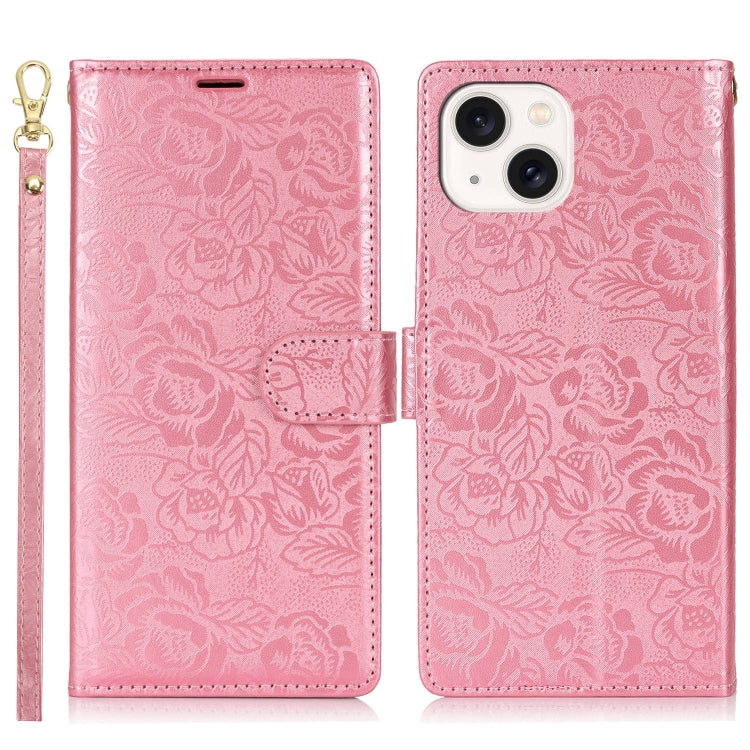 For iPhone 15 Peony Flowers Imprint Leather Phone Case