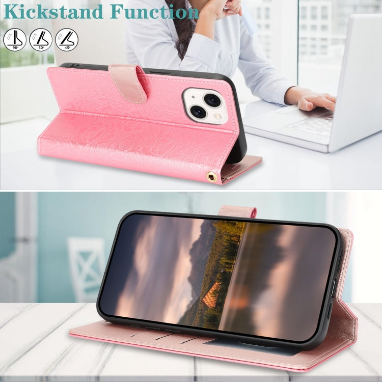 For iPhone 14 / 13 Peony Flowers Imprint Leather Phone Case