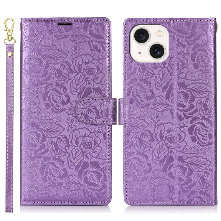 For iPhone 13 mini Peony Flowers Imprint Leather Phone Case